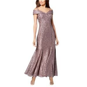 R & M Richards Lace Off The Shoulder Gown Dress Lavender Purple Cocktail Party